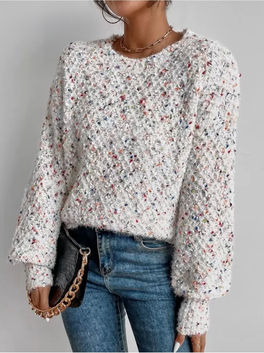 SHEIN White Speckled Knit Crewneck Sweater with Multicolor Flecks